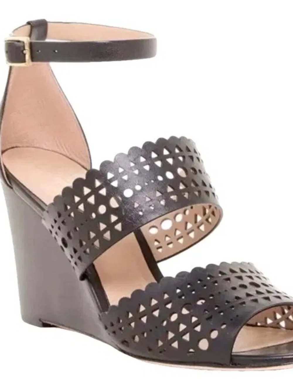 Tory Burch Black Leather Wedge Laser Cut Sandals Heels Shoes 8